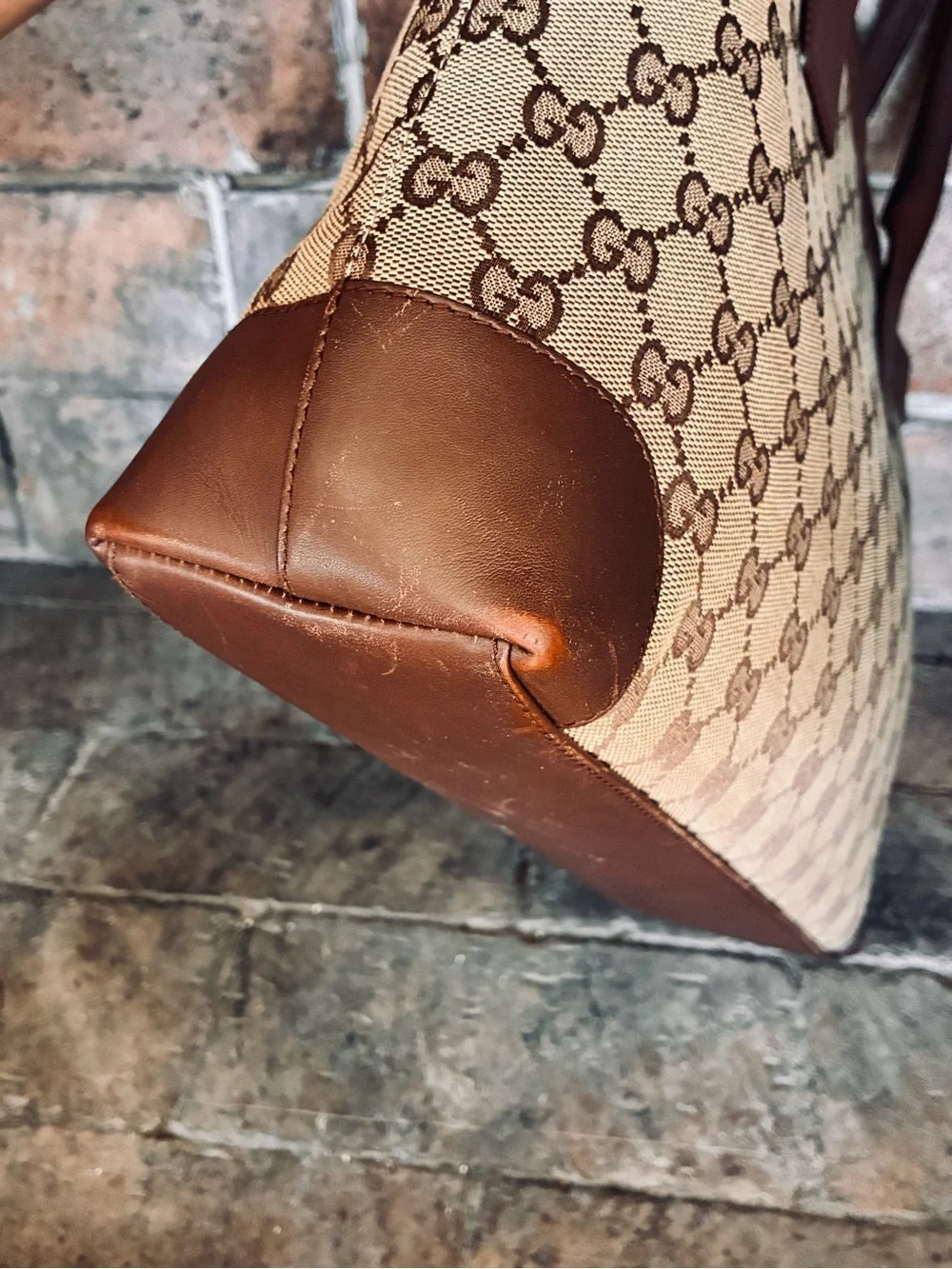 🤎 Gucci GG Logo Canvas Leather Tote Bag Brown Beige
